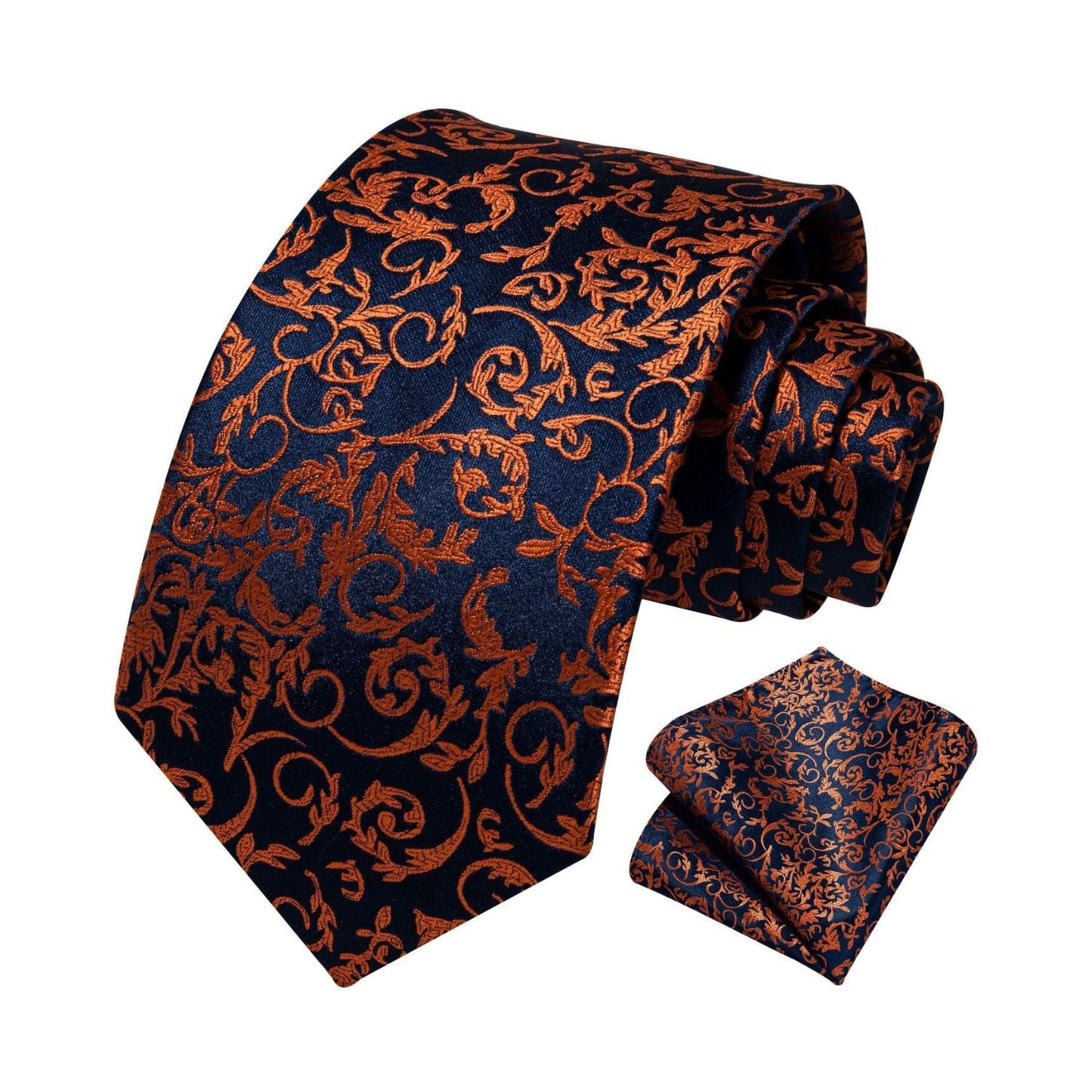 Hisdern Orange Navy Blue Paisley Tie Set For Formal Wear
