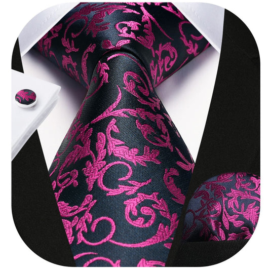 Hisdern Hot Pink Floral Wedding Tie Set with Cufflinks