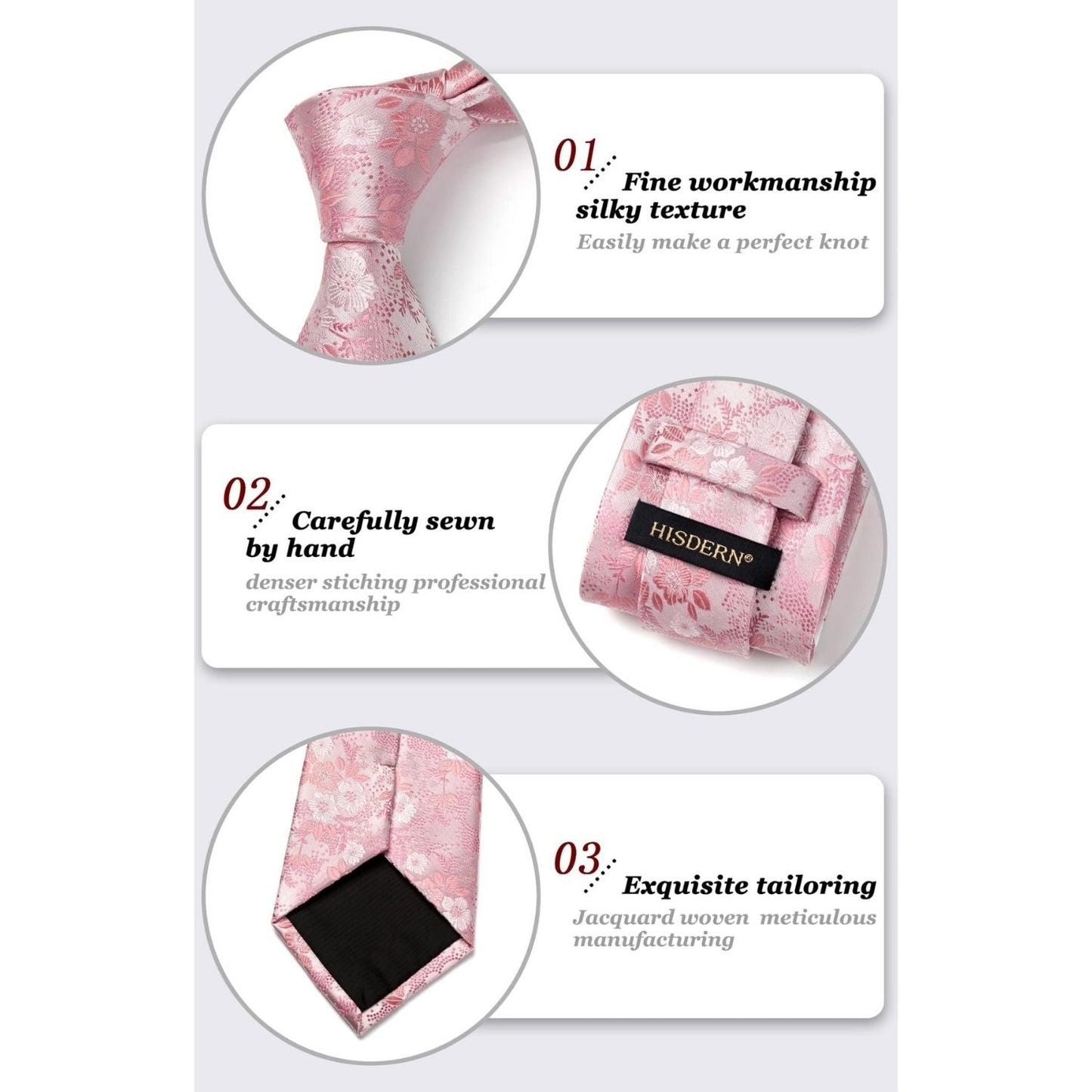 Hisdern Extra Long Pink Tie Set - Elegant Floral Academic Neckwear