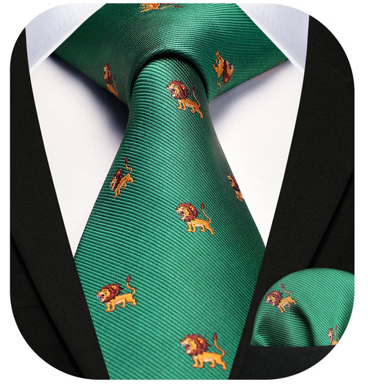 Hisdern Green Lion Print Men's Suit Tie Set