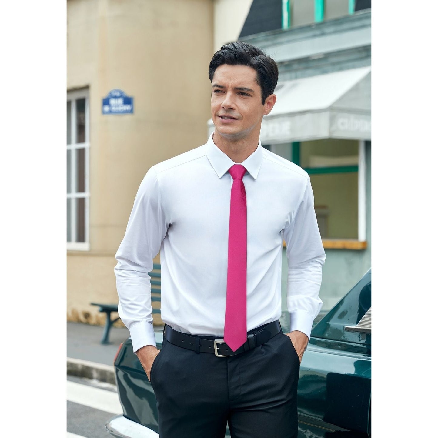 Hisdern Solid Print Skinny Tie Slim 2.4'' Formal Hot Pink Wedding Tie