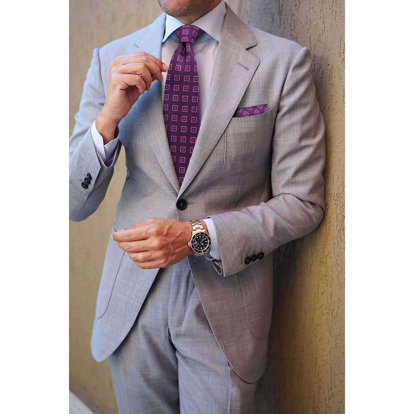 Hisdern Purple Plaid Pocket Square With Matching Tie