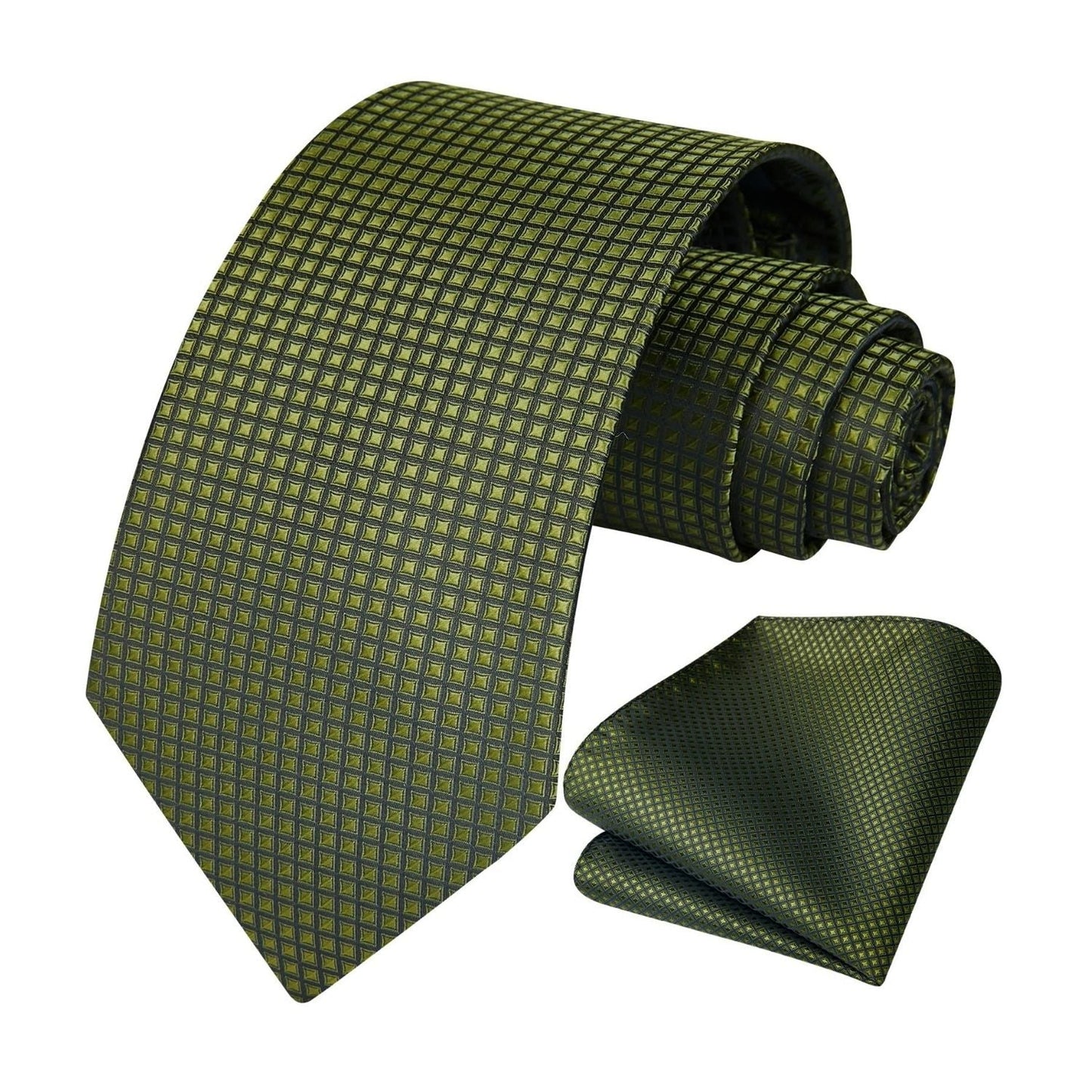 Hisdern Olive Plaid Pocket Square With Matching Tie