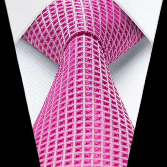 Hisdern Hot Pink Plaid Pocket Square With Matching Tie