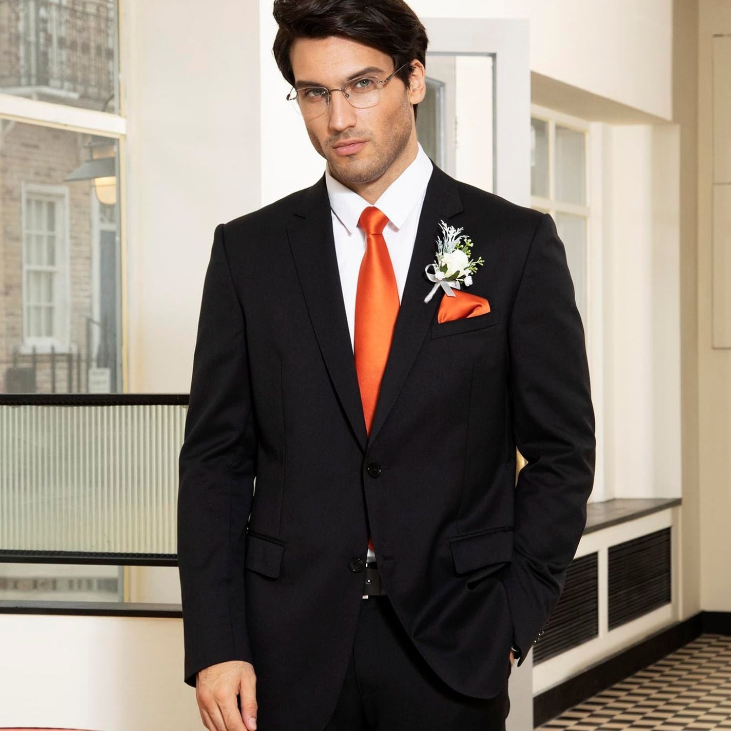 Hisdern Burnt Orange Solid Men’s Tie Set for Formal & Wedding