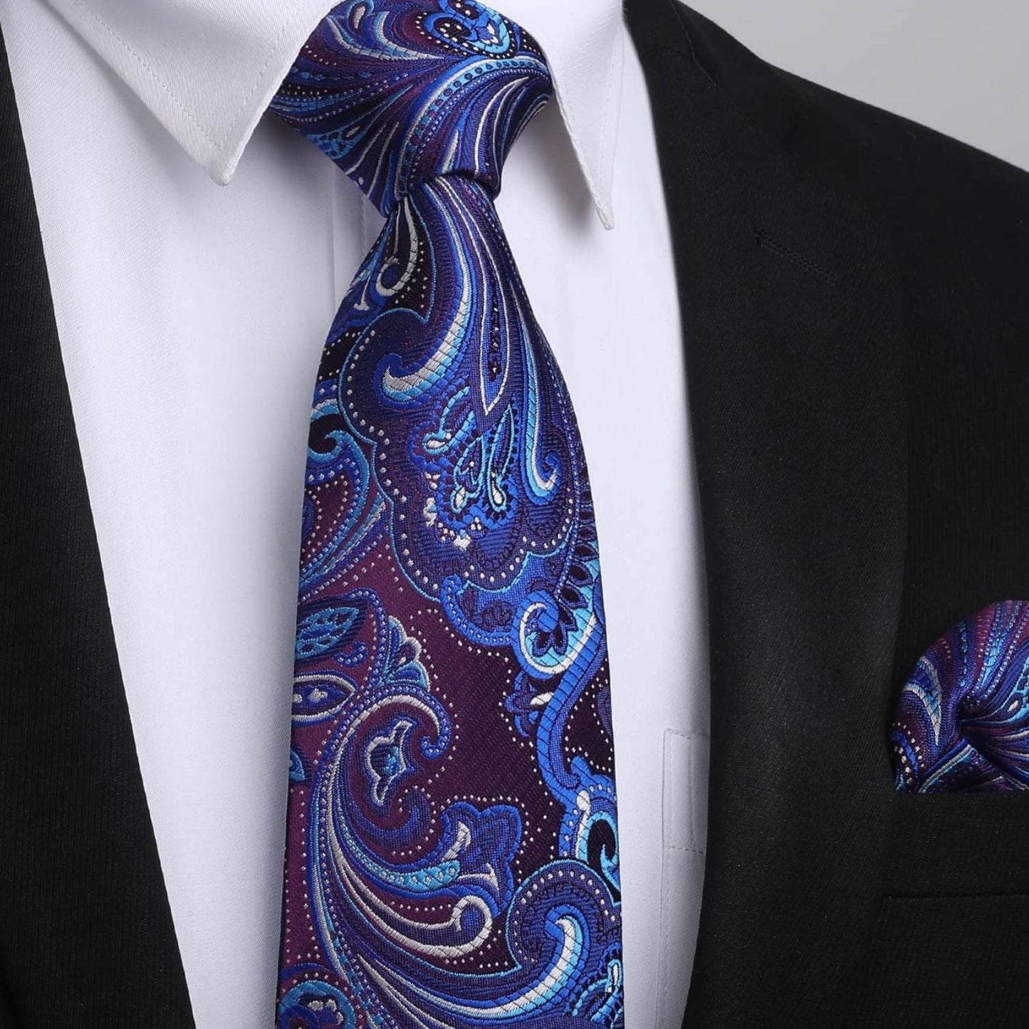 Hisdern Purple Blue Paisley Tie Set For Formal Wear