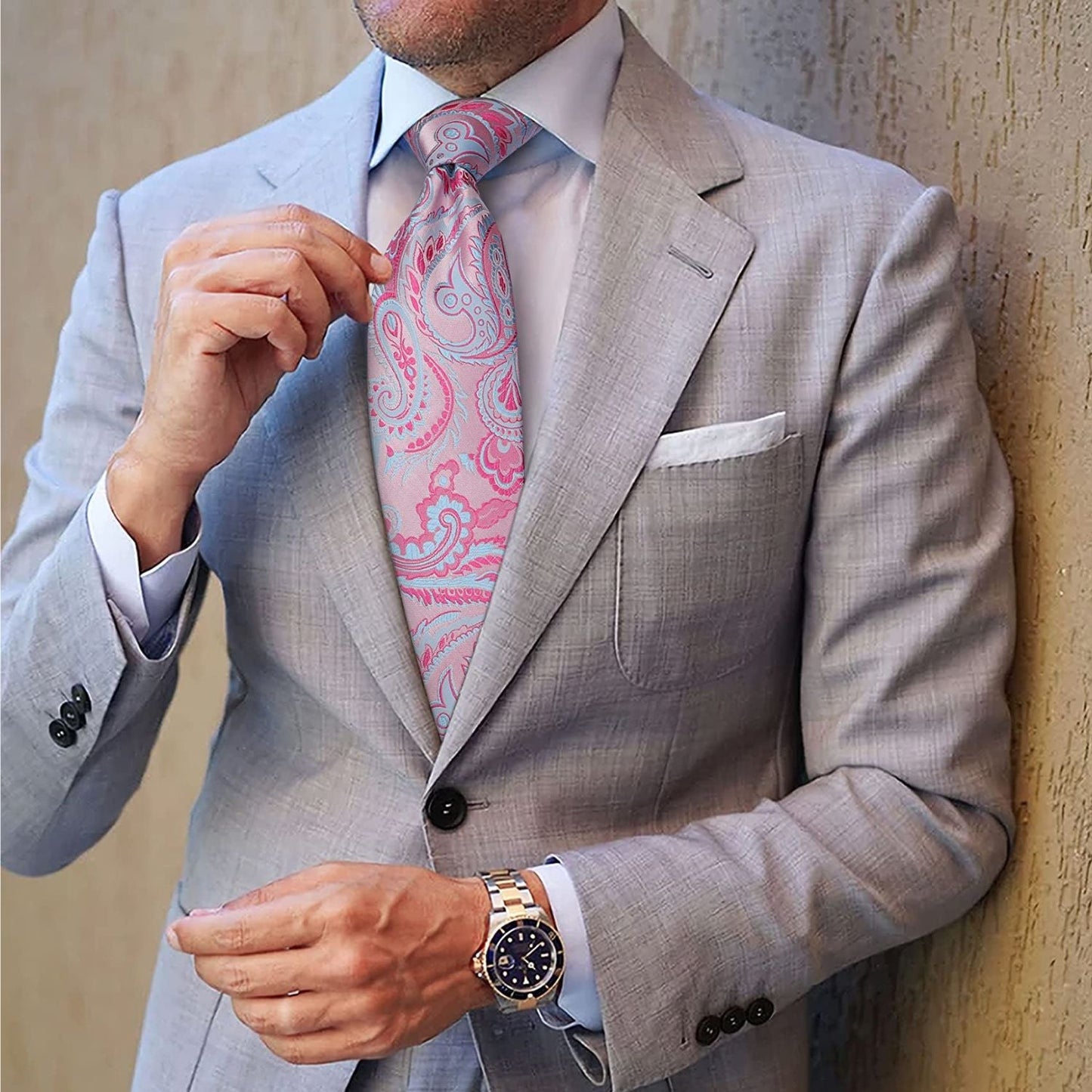 Hisdern Pink Paisley Tie Set For Groomsmen