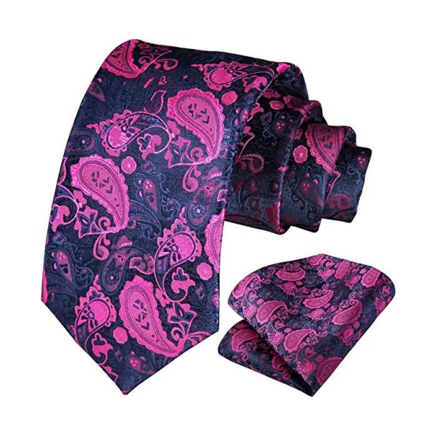 Hisdern Hot Pink Navy Blue Paisley Tie Set For Formal Wear