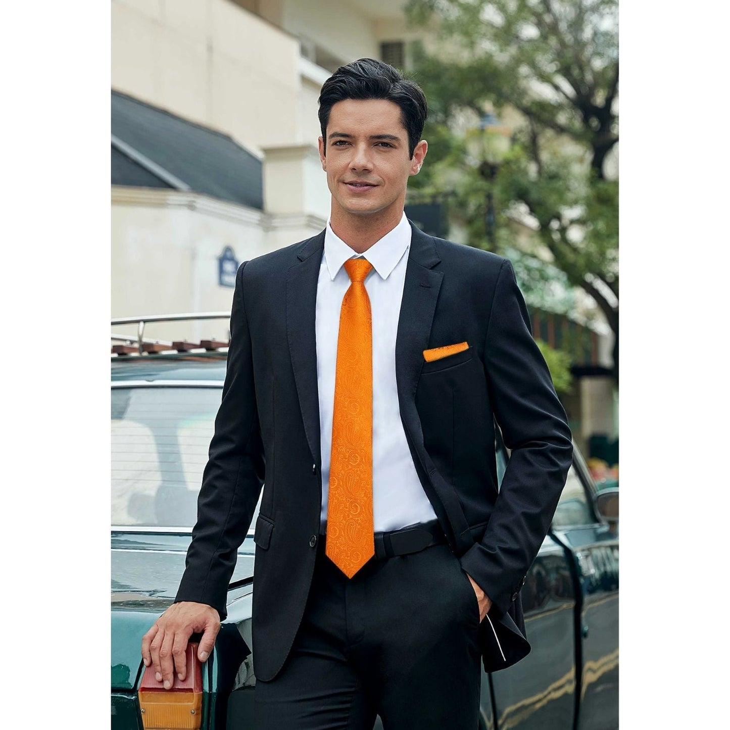 Hisdern Orange Paisley Tie Set For Groomsmen