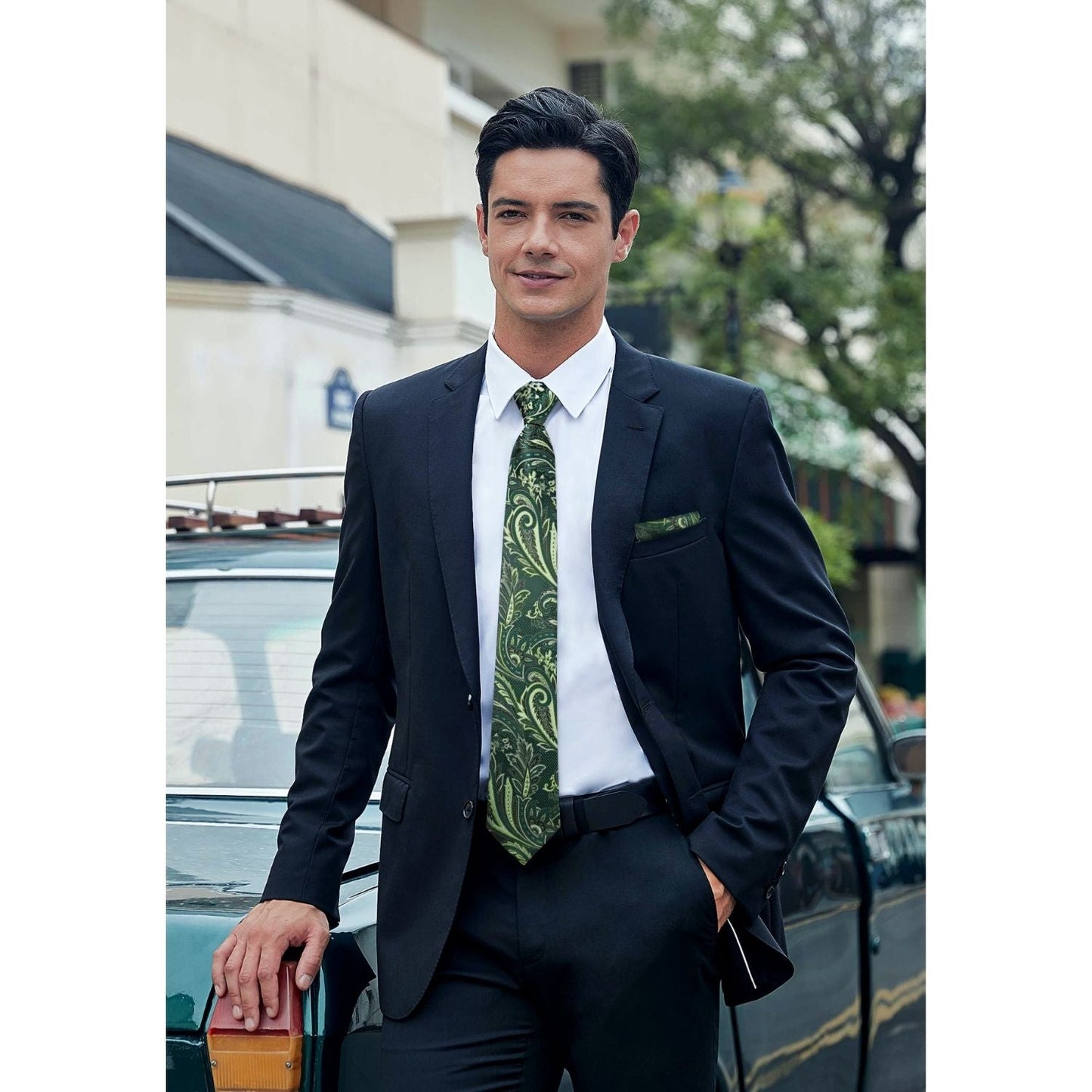 Hisdern Green Paisley Tie Set For Formal Wear