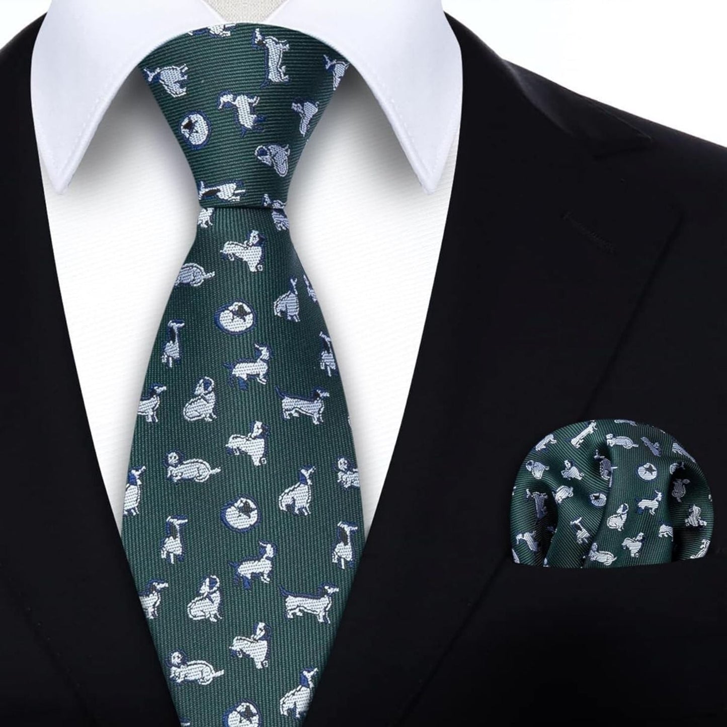 Hisdern Green White Dog Print Men's Suit Tie Set