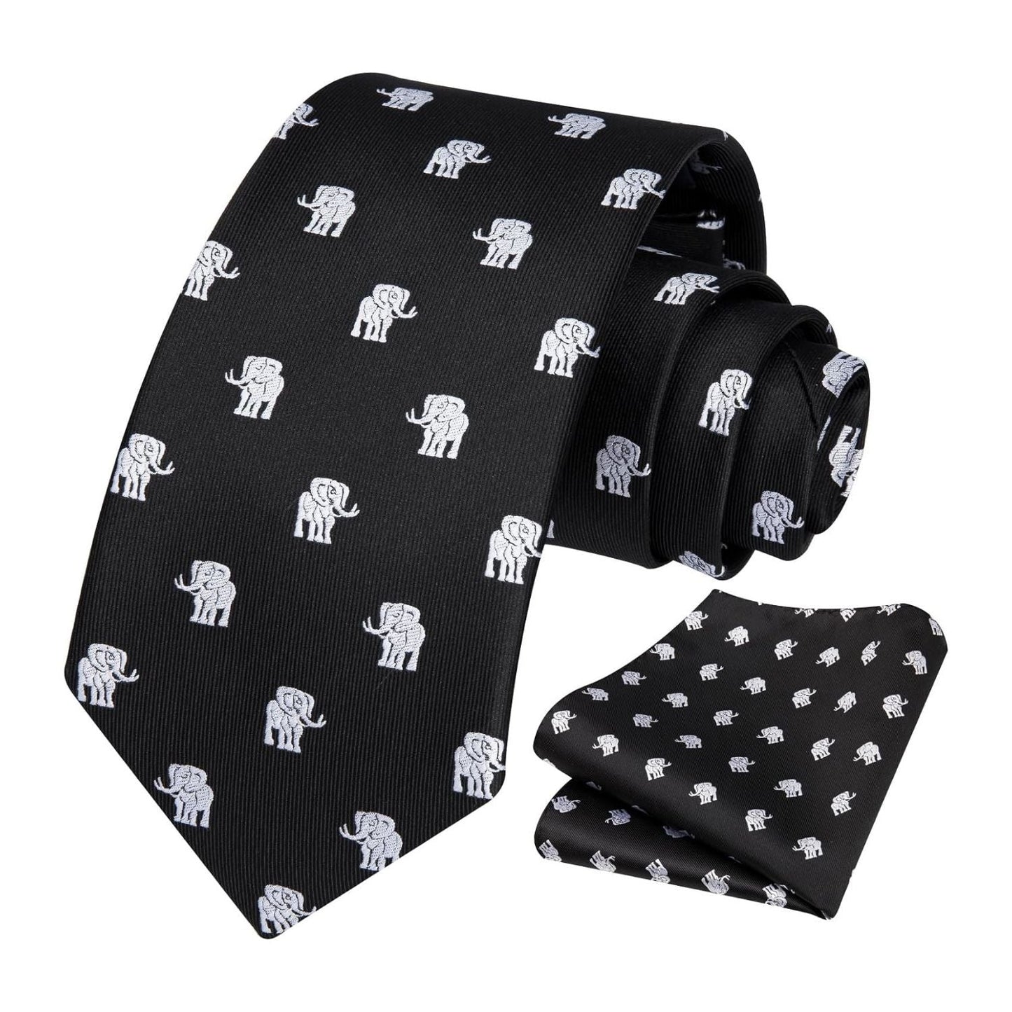 Hisdern Black White Elephant Cute Print Pattern Tie Set