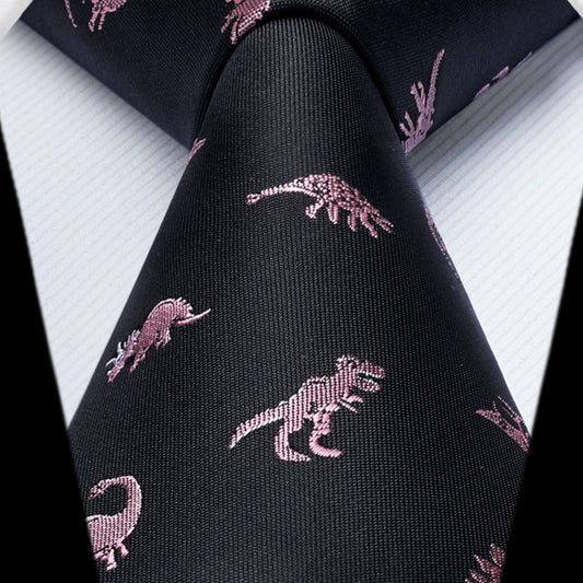Hisdern Black Pink Dinosaur Cute Pattern Tie Set