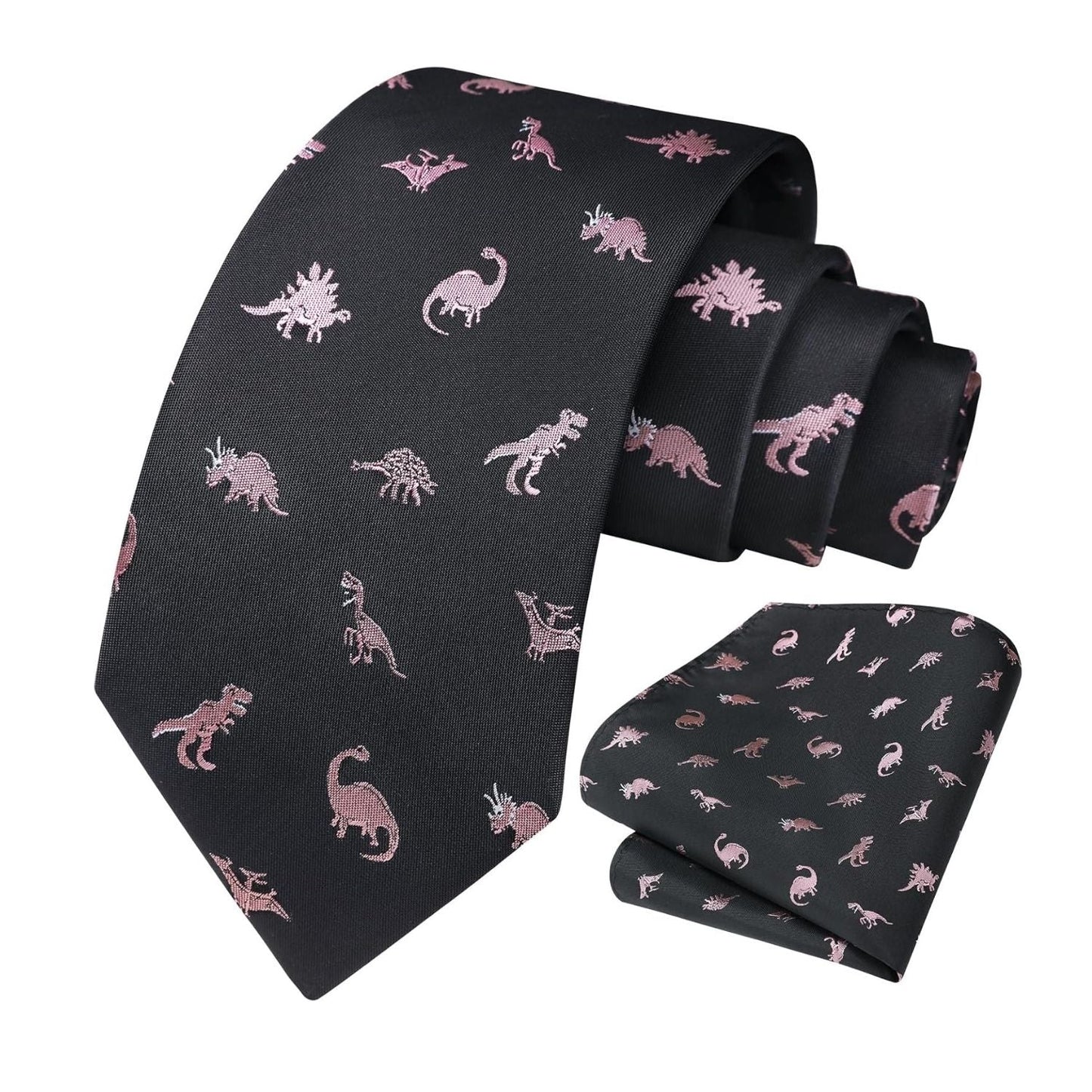 Hisdern Black Pink Dinosaur Cute Pattern Tie Set