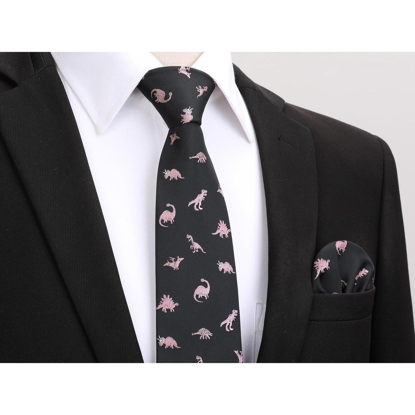 Hisdern Black Pink Dinosaur Cute Pattern Tie Set