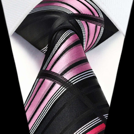 Hisdern Black Pink Plaid Tie Set For Groomsmen