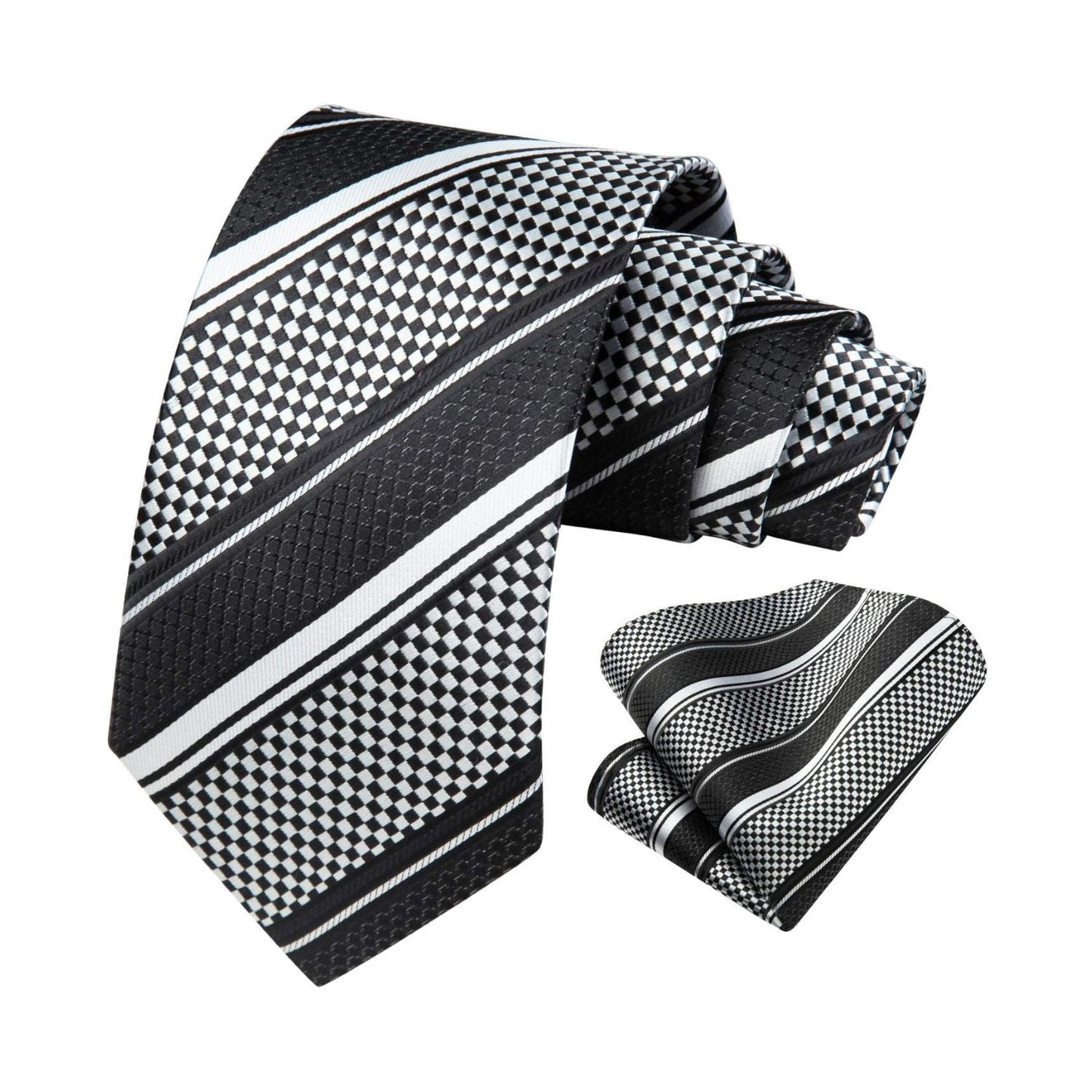 Hisdern Black White Striped Business Tie Set