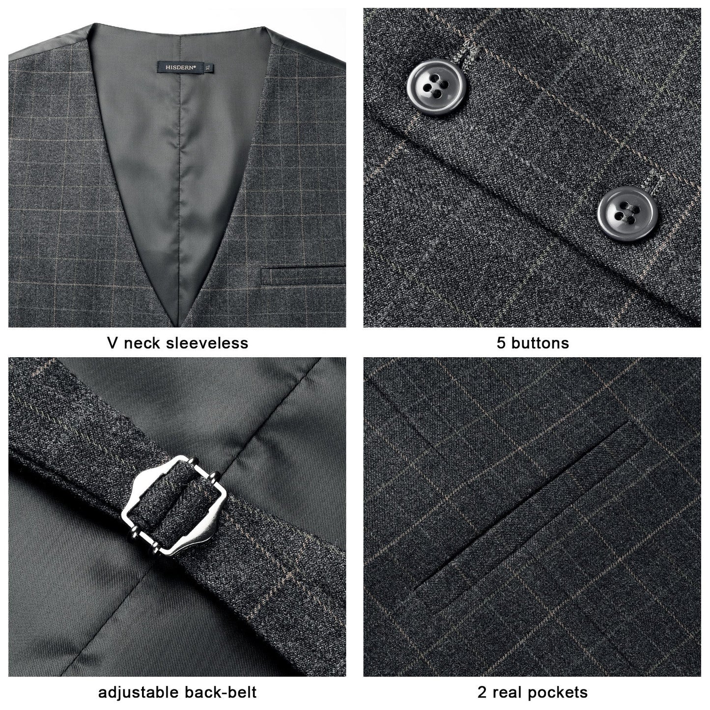 Hisdern Men's Charcoal Grey Plaid Wedding Vest For Skinny Guys
