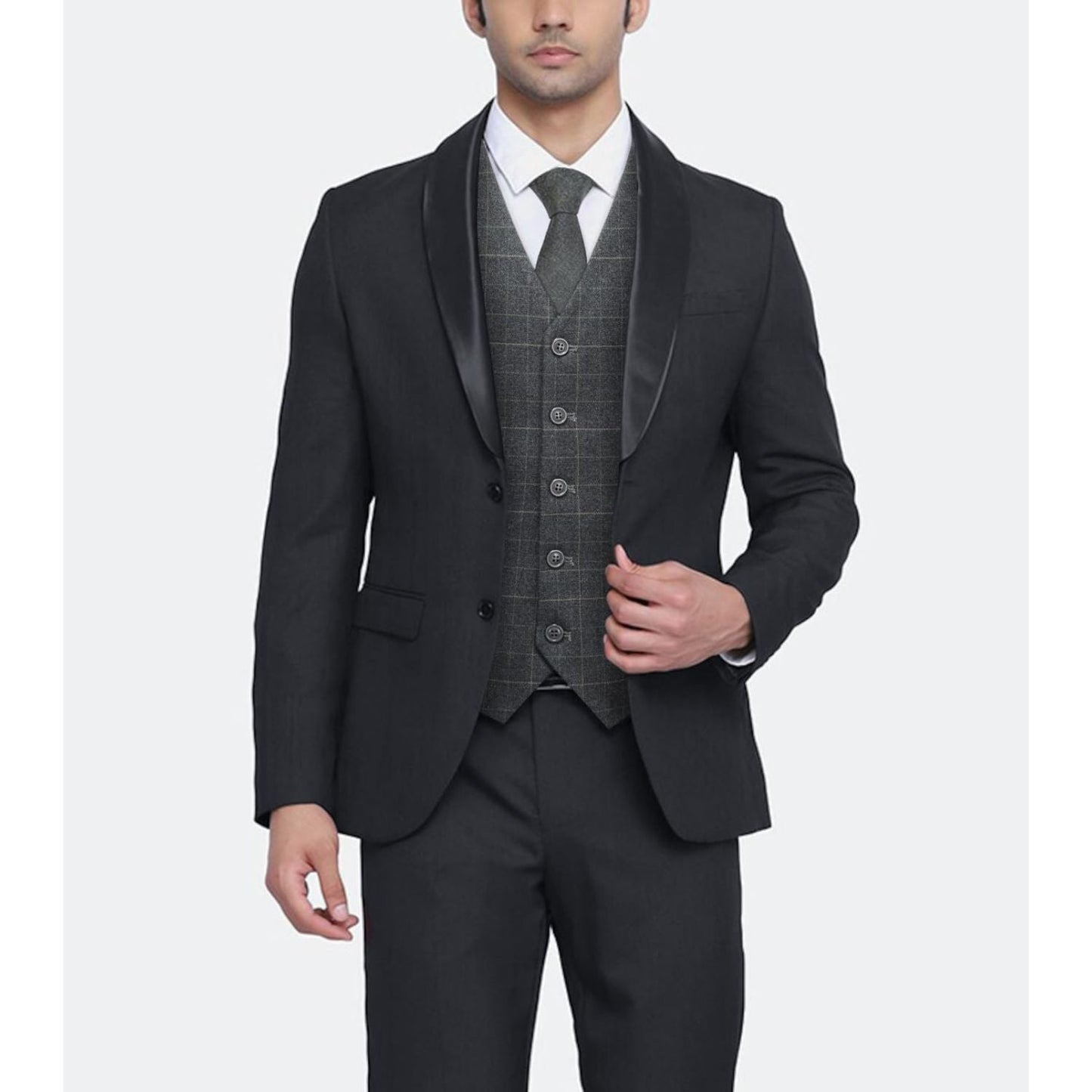 Hisdern Men's Charcoal Grey Plaid Wedding Vest For Skinny Guys