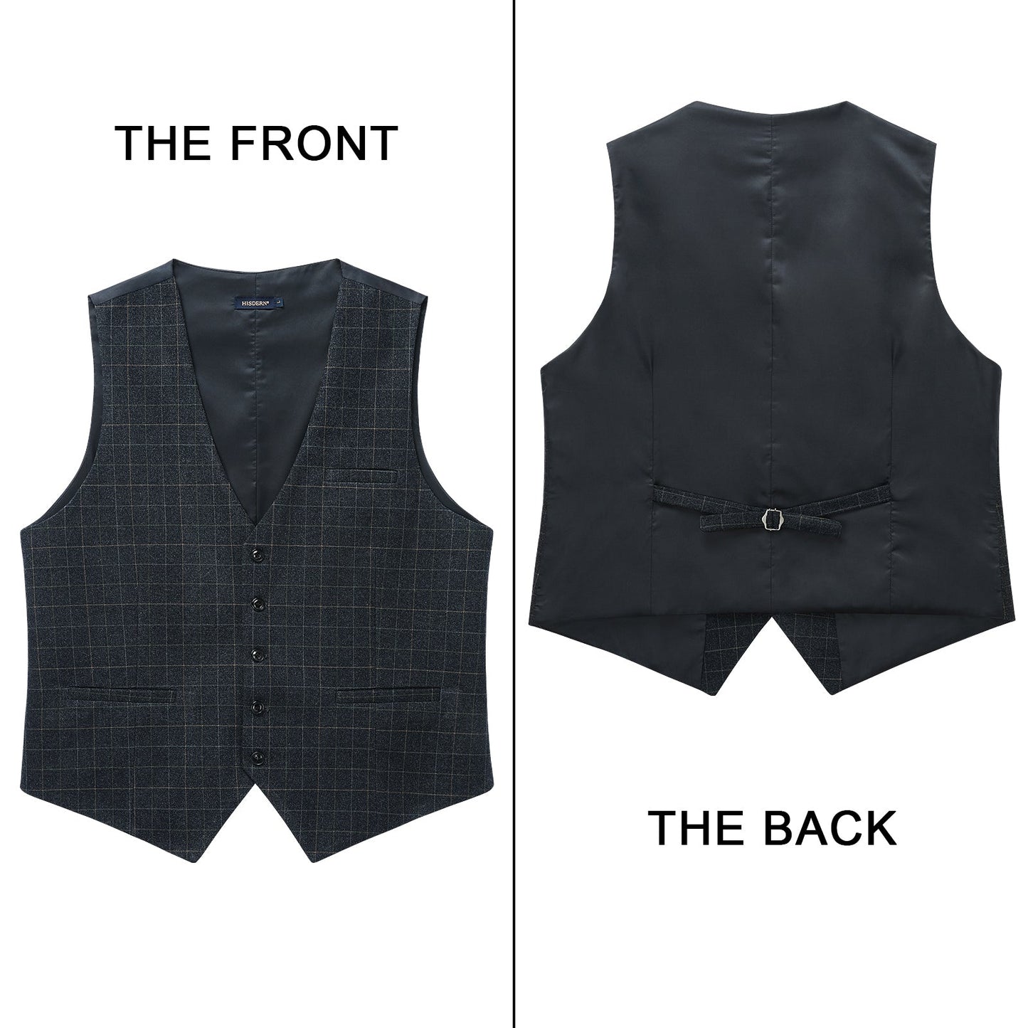 Hisdern Men's Dark Black Plaid Wedding Vest For Skinny Guys