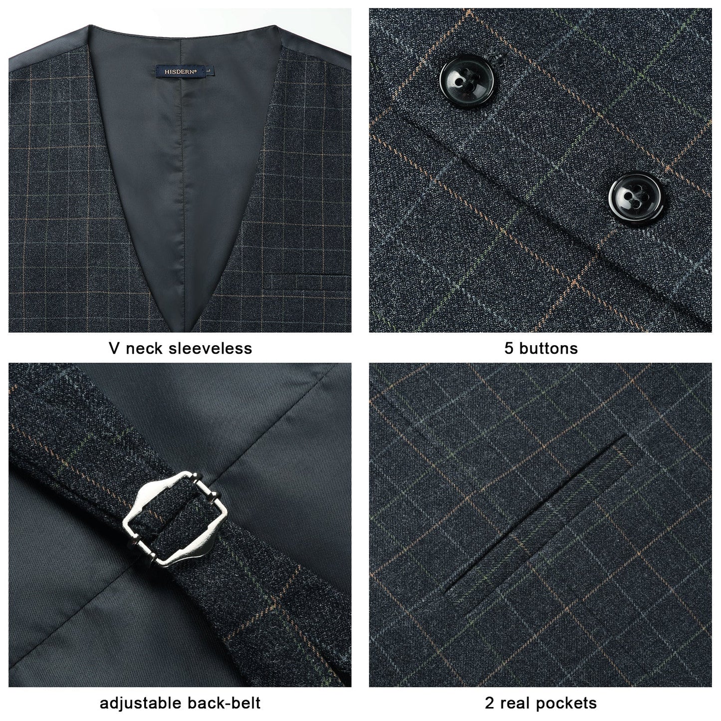 Hisdern Men's Dark Black Plaid Wedding Vest For Skinny Guys