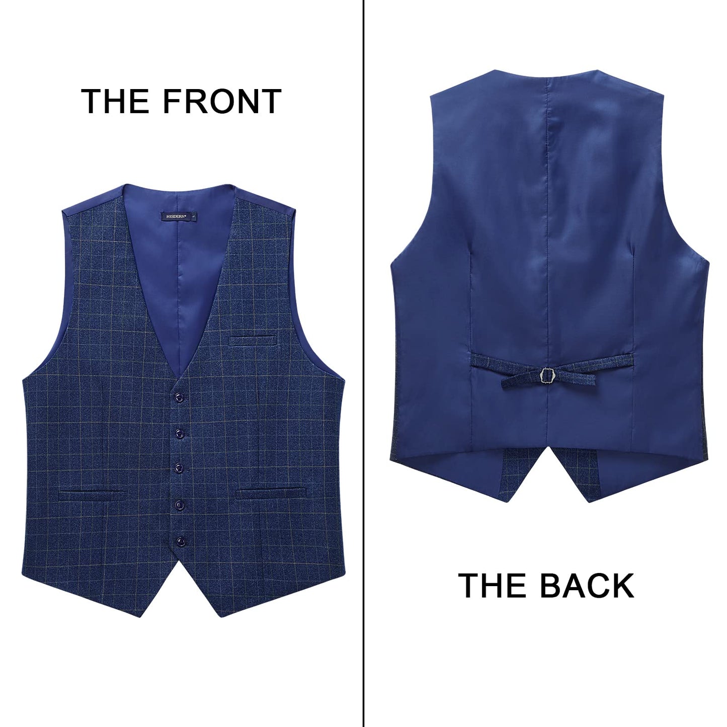 Hisdern Men's Blue Plaid Wedding Vest For Skinny Guys