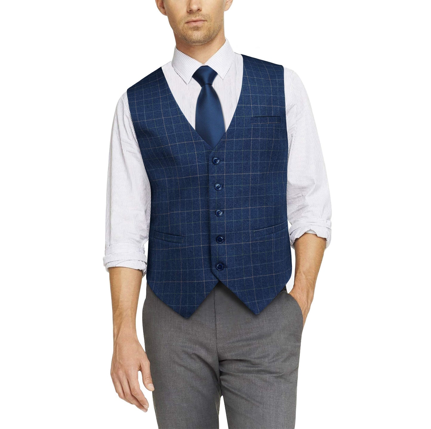 Hisdern Men's Blue Plaid Wedding Vest For Skinny Guys