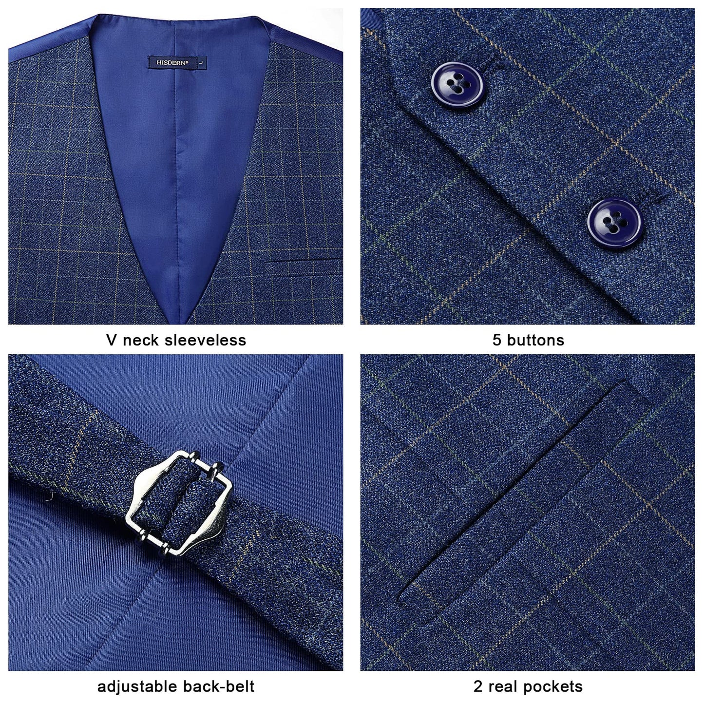 Hisdern Men's Blue Plaid Wedding Vest For Skinny Guys