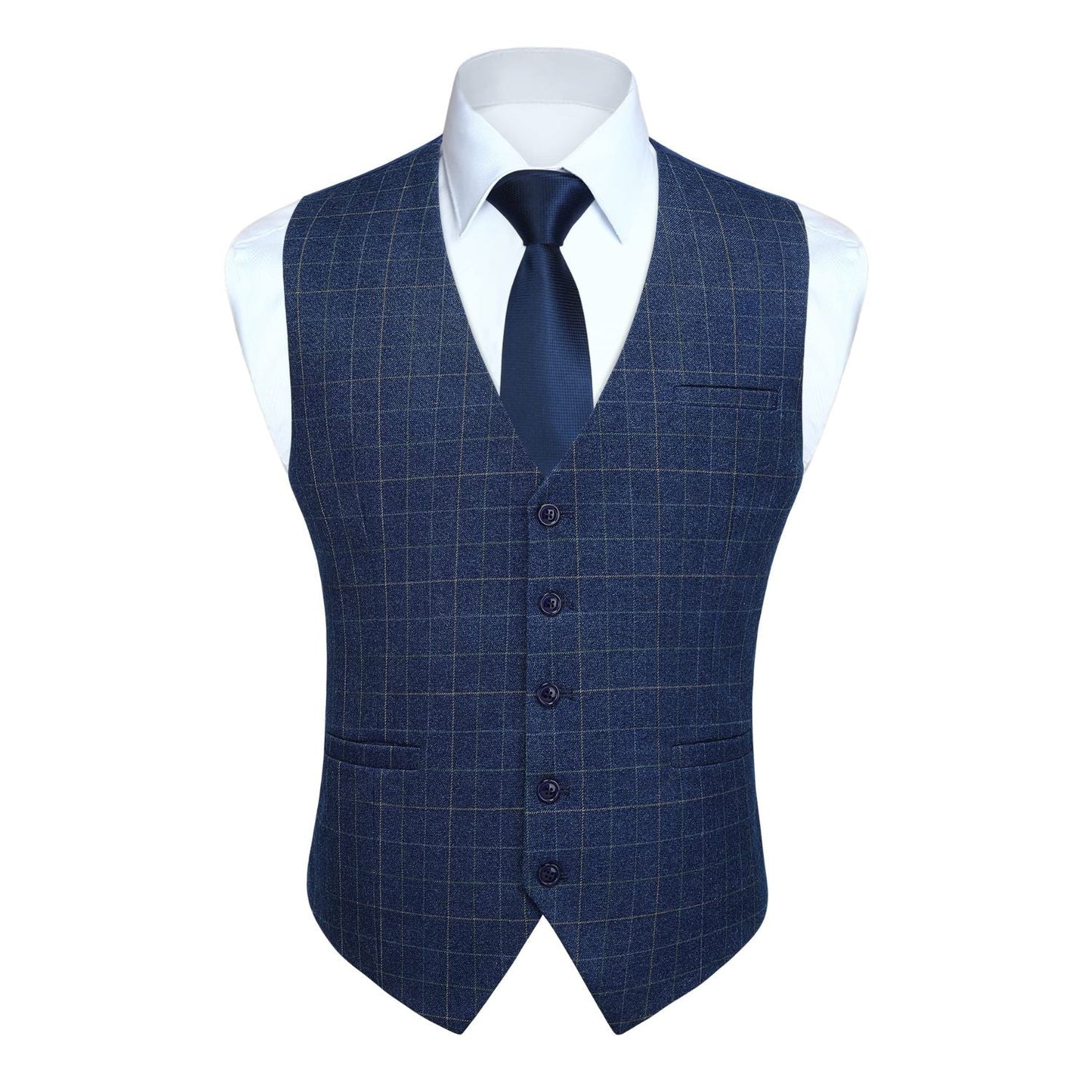 Hisdern Men's Blue Plaid Wedding Vest For Skinny Guys