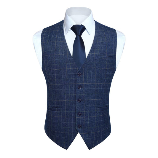 Hisdern Men's Blue Plaid Wedding Vest For Skinny Guys