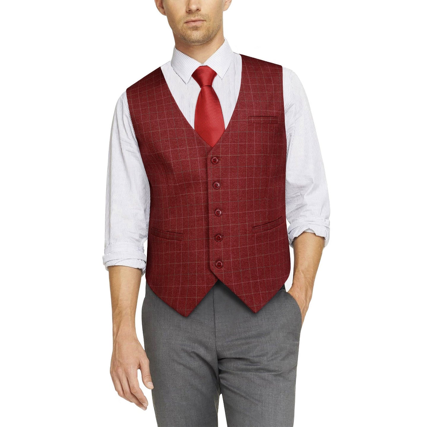 Hisdern Men's Red Plaid Wedding Vest For Skinny Guys