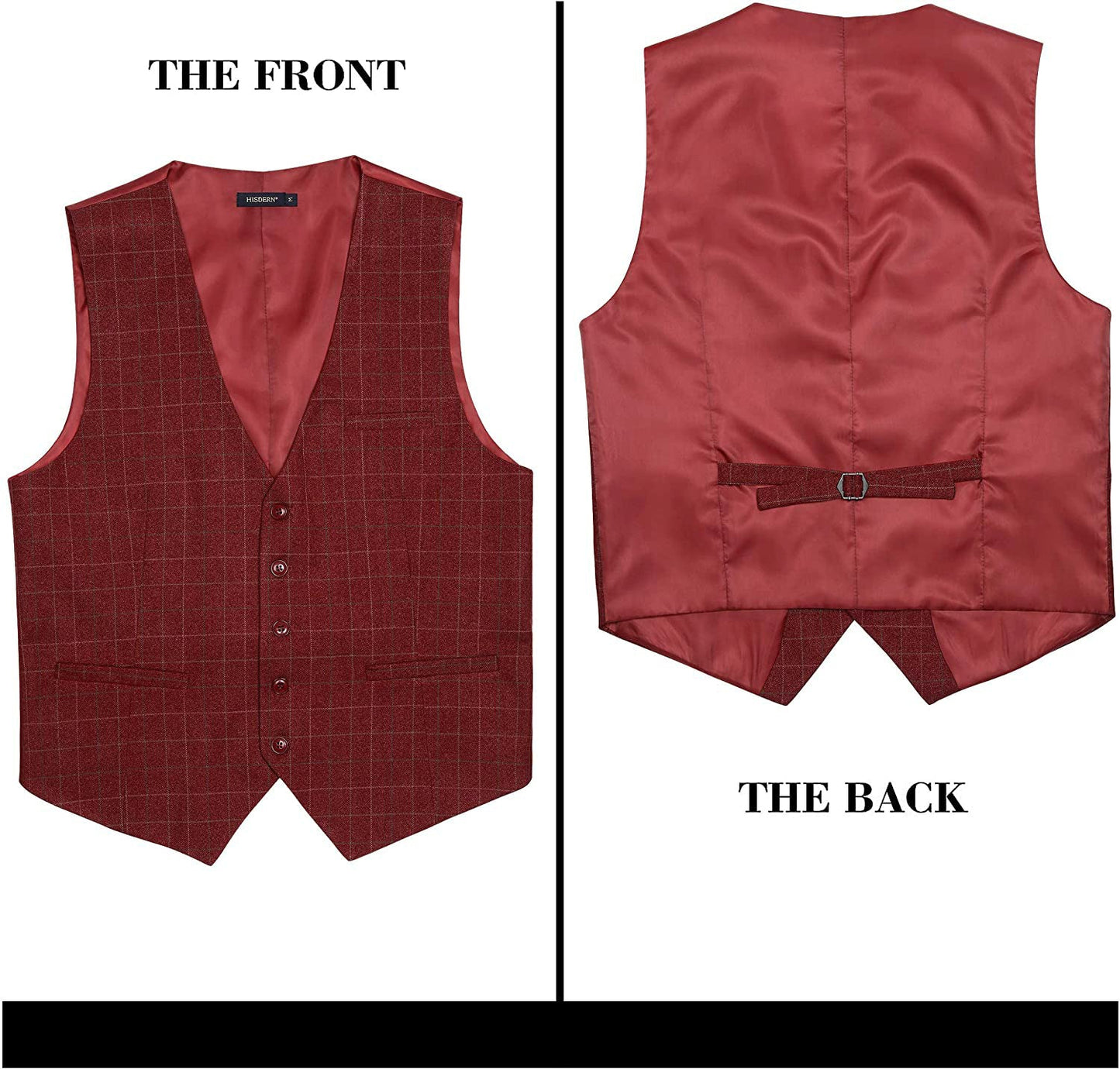 Hisdern Men's Red Plaid Wedding Vest For Skinny Guys