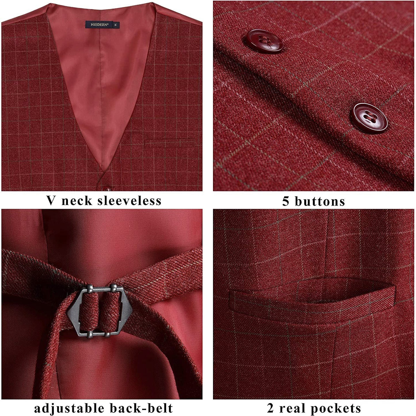 Hisdern Men's Red Plaid Wedding Vest For Skinny Guys