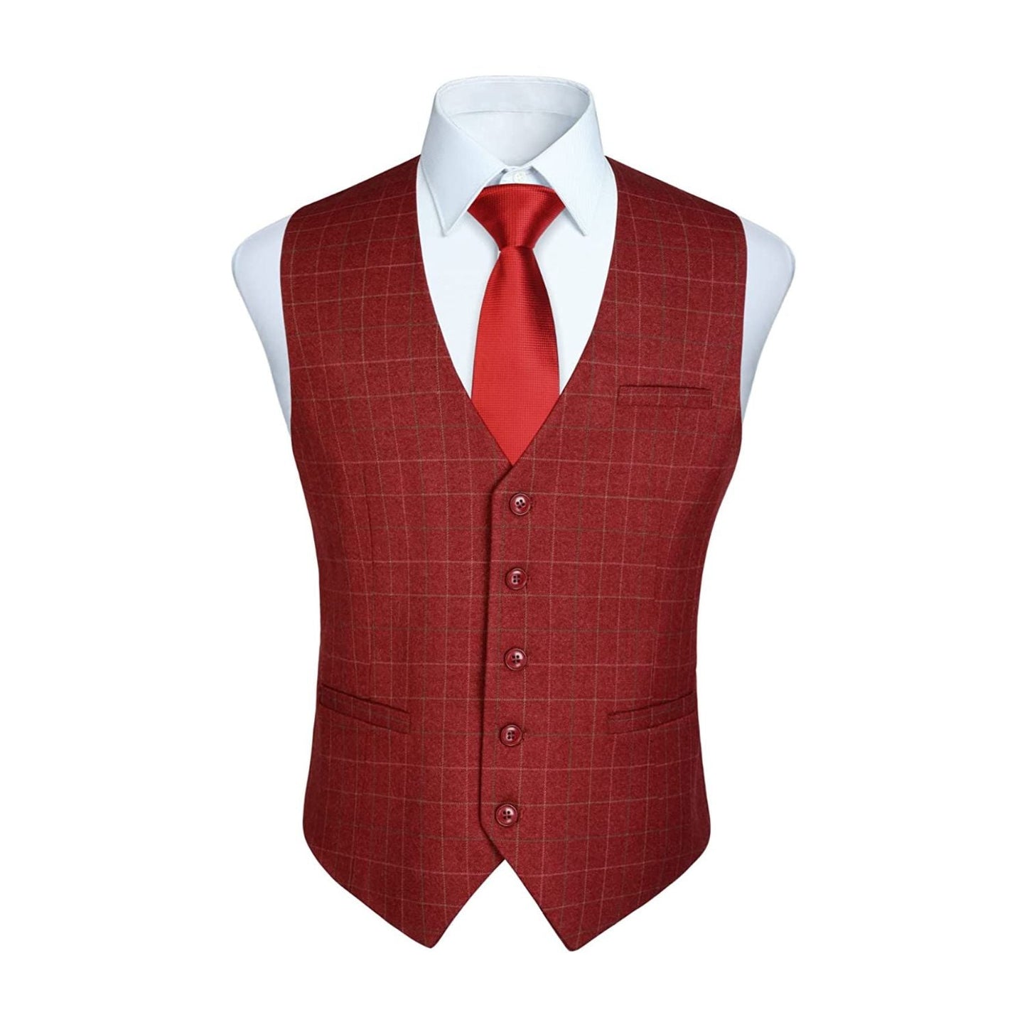 Hisdern Men's Red Plaid Wedding Vest For Skinny Guys