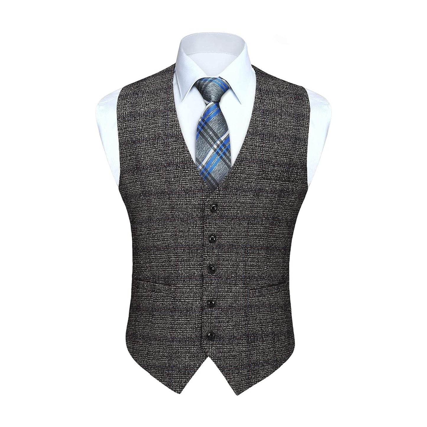Hisdern Men's Grey Plaid Wedding Vest For Skinny Guys