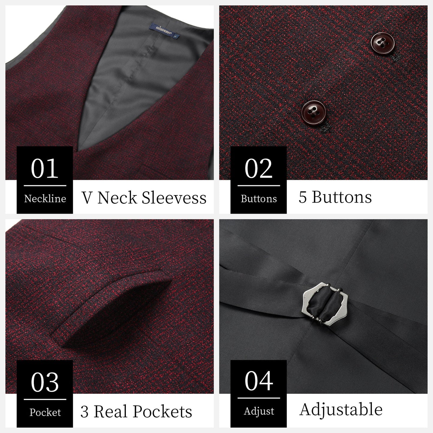 Hisdern Men's Burgundy Plaid Wedding Vest For Skinny Guys