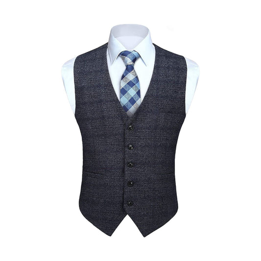 Hisdern Men's Navy Blue Plaid Slim Suit Vest Formal Wear