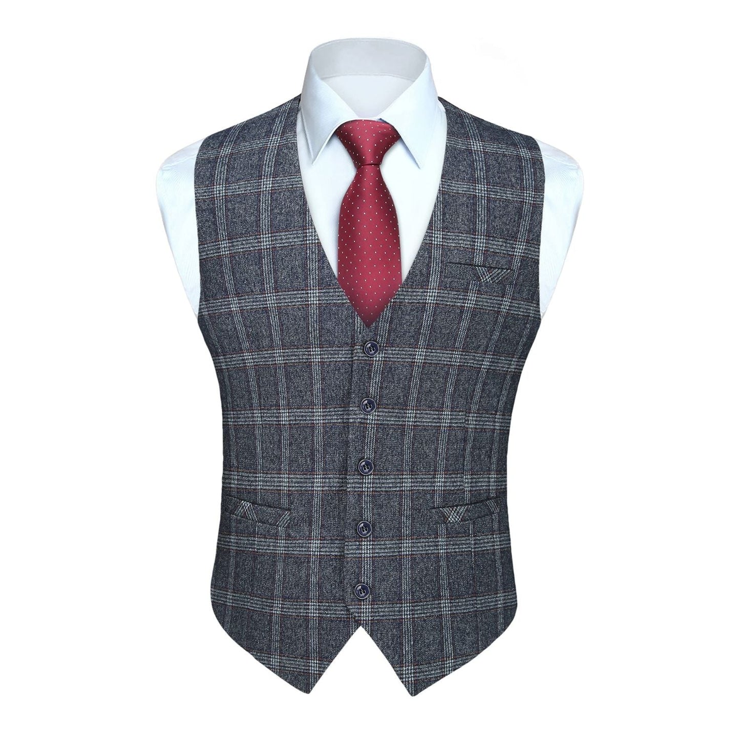 Hisdern Men's Blue Grey Plaid Wedding Vest For Skinny Guys