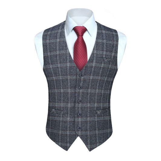 Hisdern Men's Blue Grey Plaid Wedding Vest For Skinny Guys
