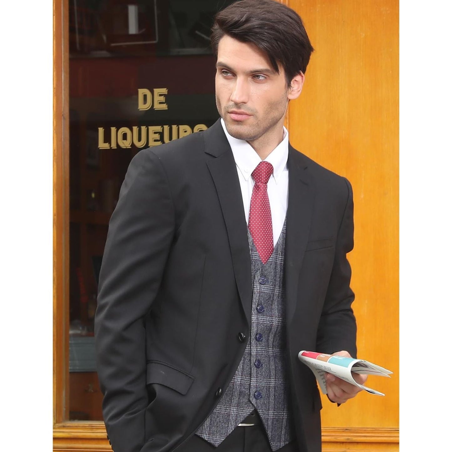 Hisdern Men's Blue Grey Plaid Wedding Vest For Skinny Guys