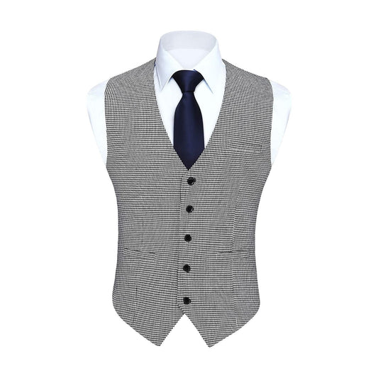 Hisdern Men's Grey Houndstooth Wedding Vest For Skinny Guys