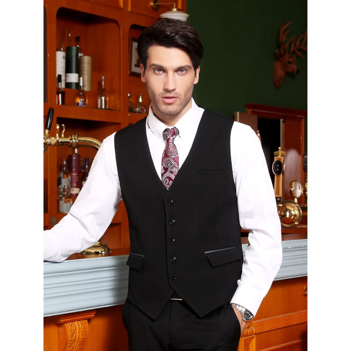 Hisdern Men's Black Satin Suit Vest Formal Wear