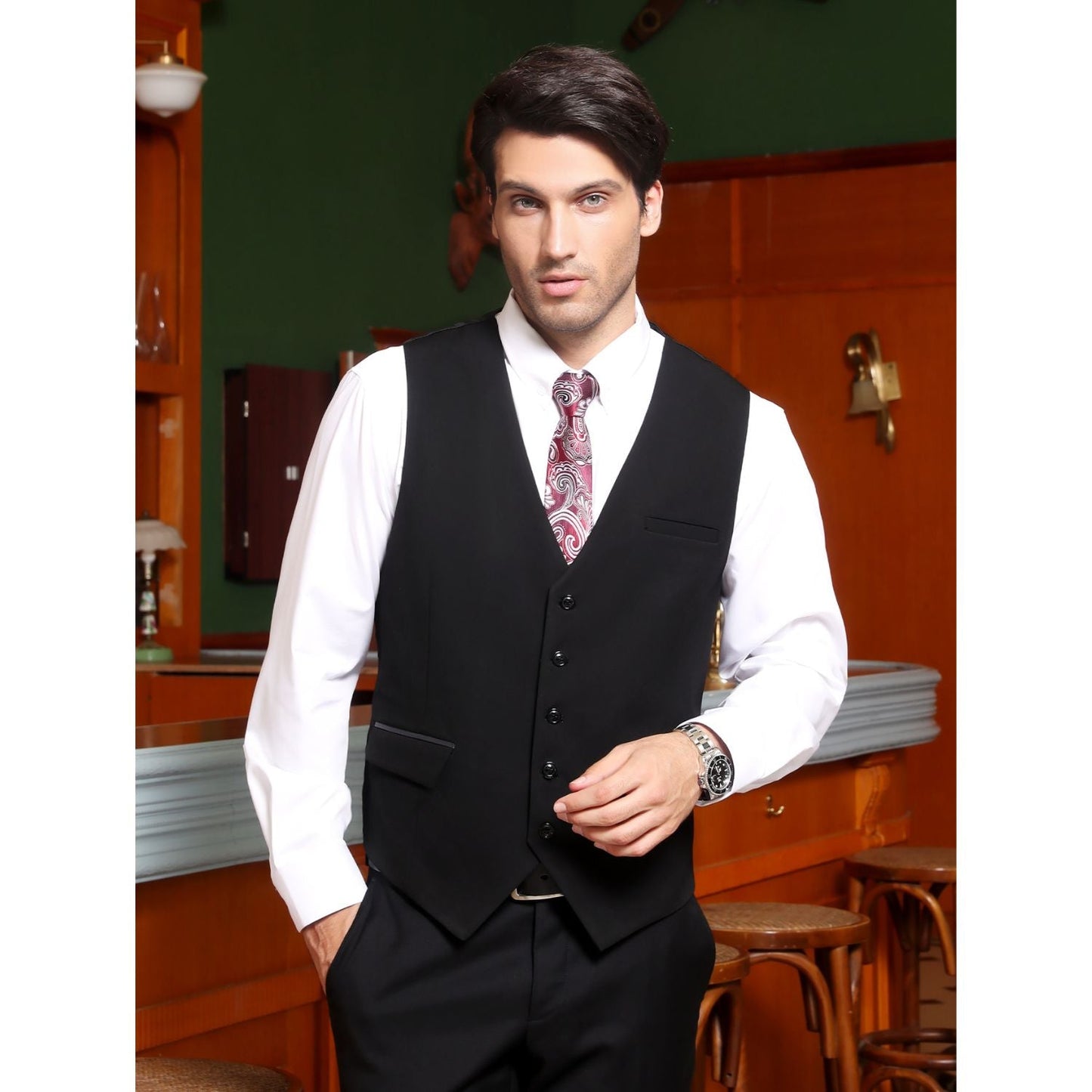 Hisdern Men's Black Satin Suit Vest Formal Wear