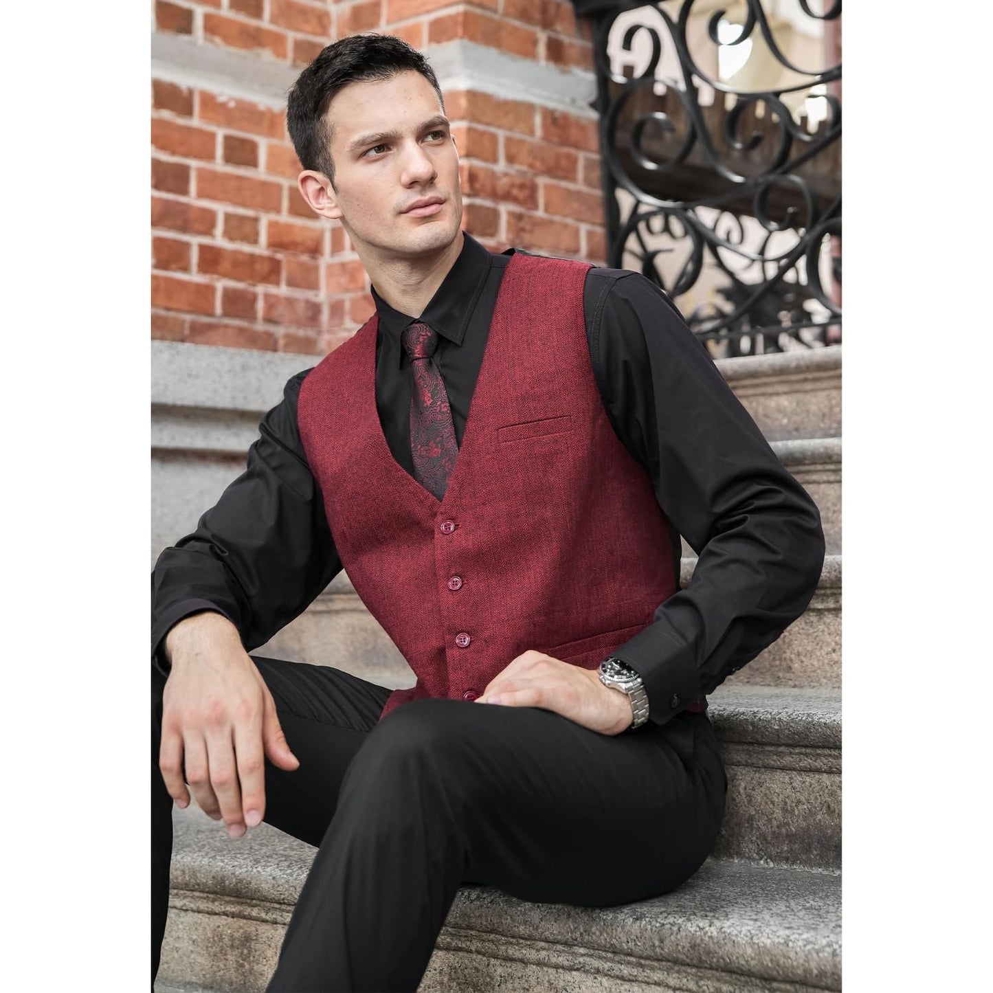Hisdern Men's Burgundy Satin Suit Vest Formal Wear