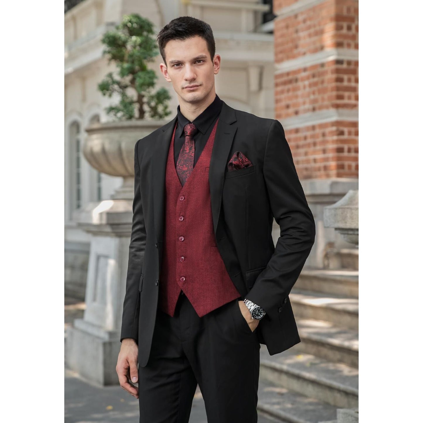 Hisdern Men's Burgundy Satin Suit Vest Formal Wear