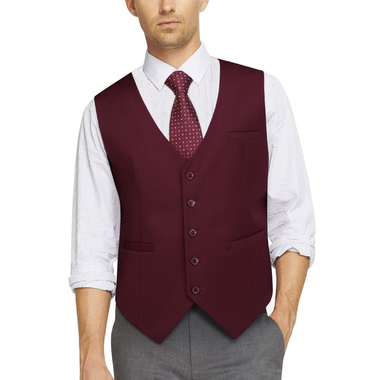 Hisdern Men's Burgundy Satin Suit Vest Formal Wear