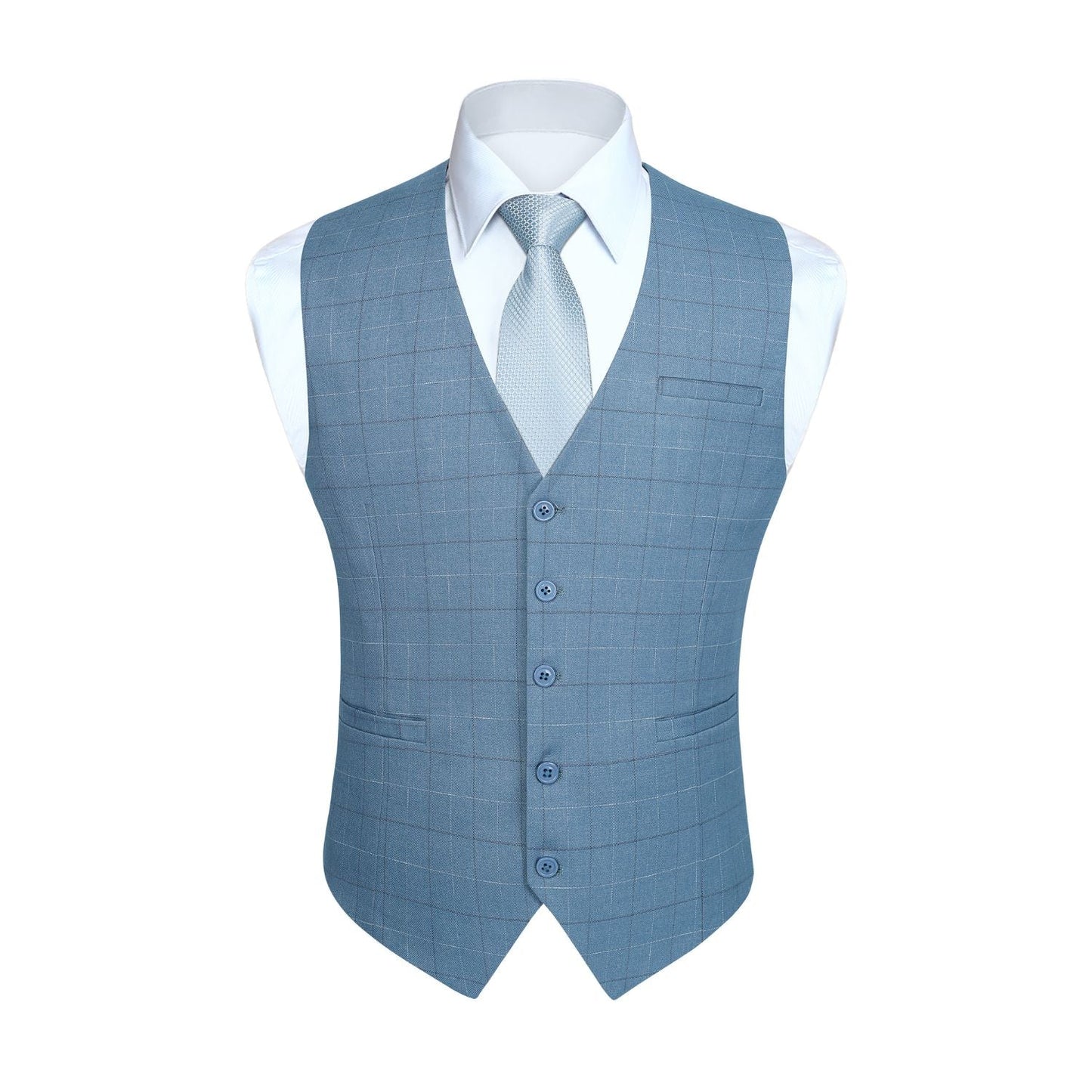 Hisdern Men's Sky Blue Plaid Slim Suit Vest Formal Wear