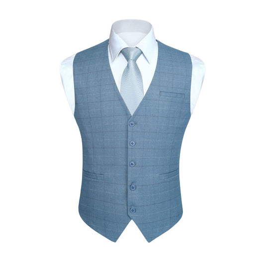 Hisdern Men's Sky Blue Plaid Slim Suit Vest Formal Wear