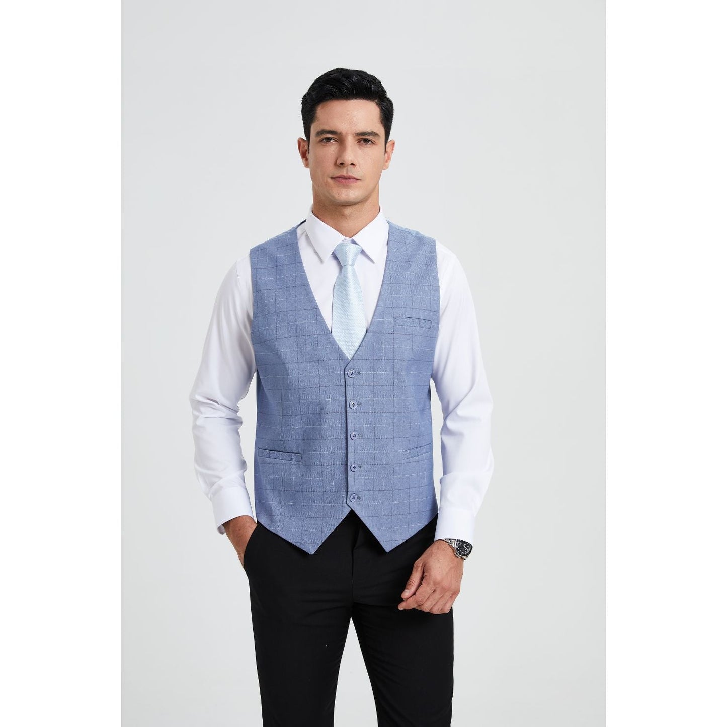 Hisdern Men's Sky Blue Plaid Slim Suit Vest Formal Wear