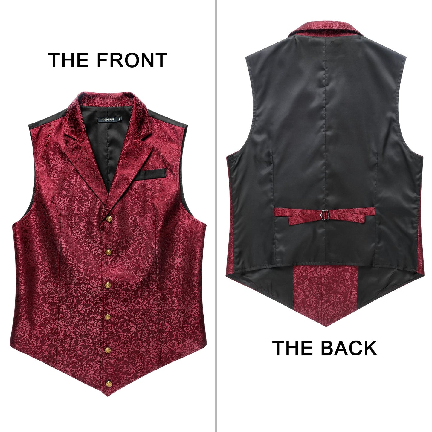 Hisdern Gothic Men's Formal Vest Burgundy Lapel Party Coat
